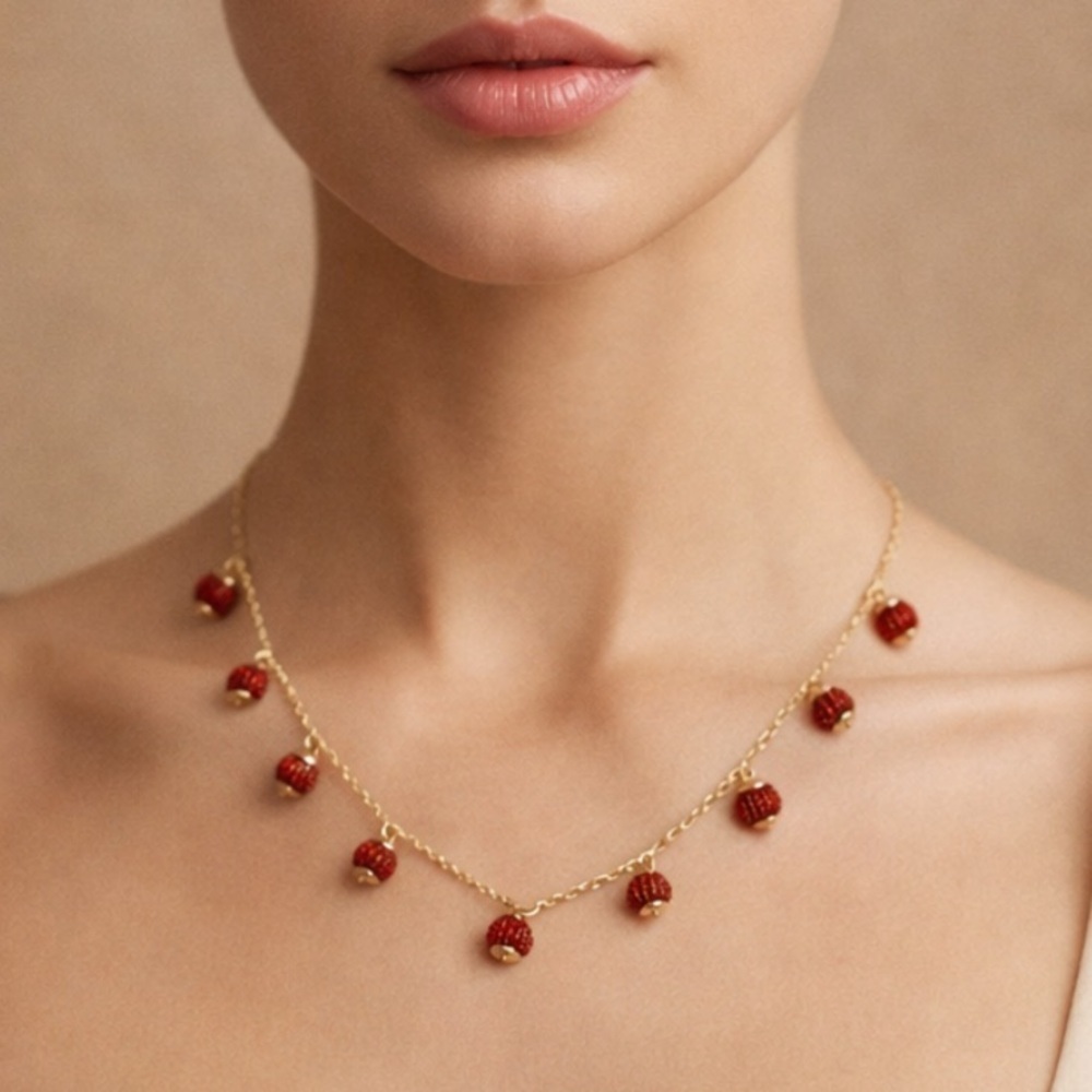 Talbots Red Beaded Charm Necklace Gold Tone Strawberry Dangle Statement